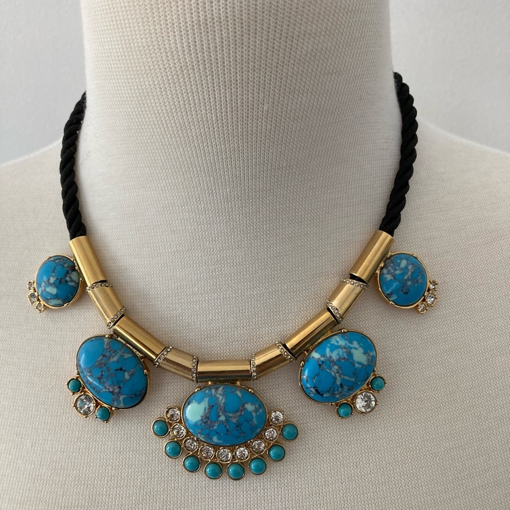 Ann Taylor Adjustable Blue Stone Necklace Black Corded Rope Gold Accents Bling